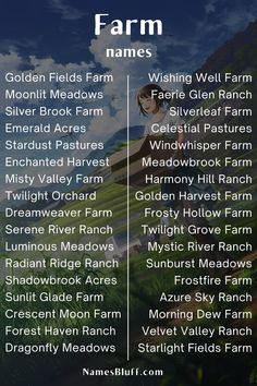 Find the perfect name for your farm with our Farm Name Generator! Whether you're starting a new farm, rebranding, or just looking for inspiration, our tool offers a variety of creative and memorable names. From rustic and charming to modern and unique, discover a name that captures the essence of your farm today!  #FarmNames #FarmNameGenerator #UniqueFarmNames #FarmInspiration #CountryNames #RuralNames #FarmLife #FarmFresh #RusticNames #FarmStyle #AgricultureNames #FarmersLife #FarmhouseNames #OrganicFarmNames #CattleFarmNames #DairyFarmNames #FarmBranding #NameIdeas #FarmNameIdeas #CreativeFarmNames #FarmDreams #HobbyFarmNames #CountryLiving Fantasy Village Names Ideas, Fantasy Land Name Ideas, Farm Names Unique, Fantasy Village Names, Farm Names Ideas, Farm Name Generator, Fantasy Alphabet, Rpg Names, Farm Names