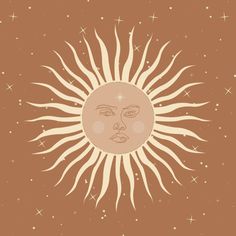 the sun with its face drawn in front of it and stars around it, on a brown background