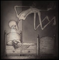 a drawing of a person laying in bed next to a skeleton