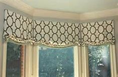 the window valance is hanging in front of two windows with curtains on each side