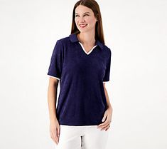 Contrast trim adds an extra pop of personality to this preppy polo. From Denim & Co.® Fashions. Blue Tops With Contrast Trim For Spring, Casual Navy Top With Contrast Collar, Collared Tops With Contrast Trim For Summer, Summer Collared Tops With Contrast Trim, Collared Blue Tops With Contrast Trim, Blue Collared Tops With Contrast Trim, Blue Collared Top With Contrast Trim, Casual Spring T-shirt With Contrast Trim, Seersucker Top