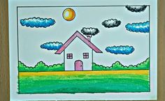 a drawing of a house with trees and clouds in the background