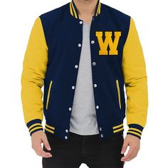 Collegiate Long Sleeve Cotton Outerwear, Casual Yellow Varsity Jacket, Yellow Varsity Outerwear For Winter, Yellow Varsity Winter Outerwear, Casual Yellow Outerwear For College, Yellow Varsity Long Sleeve Outerwear, Yellow Varsity Jacket For College In Fall, Yellow Long Sleeve Varsity Outerwear, Casual Yellow Varsity Jacket For Fall