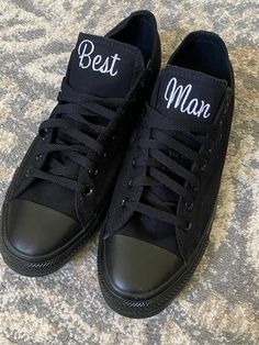 Make your day extra special with these beautiful Embroidered Monochrome Converse with Best Man on the tongue. They can be customized with Groom or ring bearer or even groomsman.(If you want date on the side please choose that listing as price is different )Or your first and last name. Or Mr Smith ie. You can choose either all black or all white, they have NO lines around the sole as other converse do.I can do the traditional converse color shoes as well You choose you thread color... just state Groom Converse, All Black Converse, Mr Smith, Converse Wedding Shoes, All White Sneakers, Wedding Converse, Groom Shoes, Color Shoes, Man Shoes