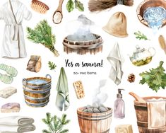 watercolor illustration of various items used in the soap making process, including bathrobes and towels