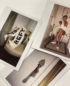 four polaroid photographs of women in white outfits