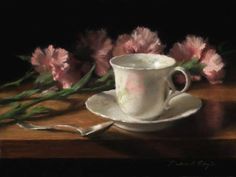 a painting of a cup and saucer on a table with pink carnations