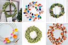 four different types of wreaths hanging on the wall and decorated with paper flowers, leaves and ribbons