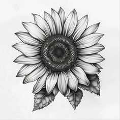 a black and white drawing of a large sunflower with leaves on it's petals