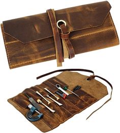 a leather case with scissors and other tools in it next to an empty pouch on a white background