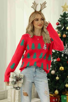 Christmas Tree Round Neck Ribbed Trim Sweater – the GRATI shop Wallpapers 2023, Red Christmas Sweater, Christmas Tree Sweater, Jersey Pattern, Casual Pullover Sweater, Jacquard Top, Tree Sweater, Christmas Sweaters For Women, Red Pullover