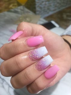 Short Coffin Gel Nail Designs, Pink Ambra Acrylic Nails, White And Pink Sparkle Nails, Pretty In Pink Nails, Barbie Toenails, Pink Bachelorette Nails, Barbie Theme Nails, Barbie Pink Nails With Glitter, Barbie Theme Outfit