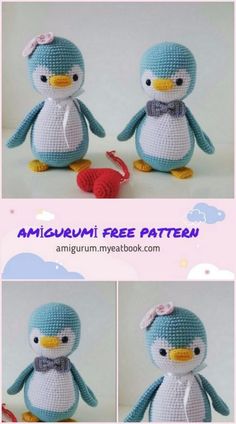 an amigurmi penguin with a bow on its head is shown in three different pictures