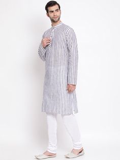 VASTRAMAY Men's Grey Pure Cotton Kurta and Pyjama Set Look effortlessly stylish in this comfortable kurta and pyjama set from VASTRAMAY. Made from pure, breathable cotton, this set is perfect for lounging at home or casual outings. The kurta features a classic design with a mandarin collar and button placket down the front, while the pyjamas offer a relaxed fit for ultimate comfort. Key Features Made from pure cotton for breathability and comfort Classic kurta design with mandarin collar and but Kurta Designs, Mandarin Collar, Pure Cotton, Outfit Sets, Pajama Set, Classic Design, Pajamas, Relaxed Fit, Grey