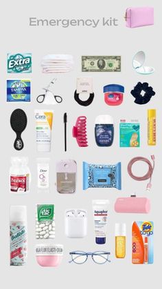 the contents of an emergency kit laid out on a white background with text that reads emergency kit