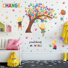 PRICES MAY VARY. [Inspirational Decals] This wall sticker for kids room is printed with colorful palms and trees in unique hearts shape design to create a happy, free learning space for your toddler. And [small hands change the world]. [Use] Easy to peel and stick. Easily install kids wall decor on doors, painted walls, or any smooth, flat, dry, dust-free surface. [Scenario] This set of daycare wall stickers is perfect for decorating a nursery, child's bedroom, living room, classroom, window, bi