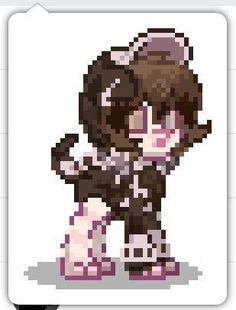 an image of a pixel art style character in black and white, with pink accents