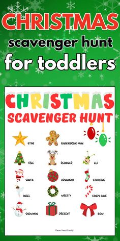 the christmas scavenger hunt for toddlers is shown in green and white with red lettering