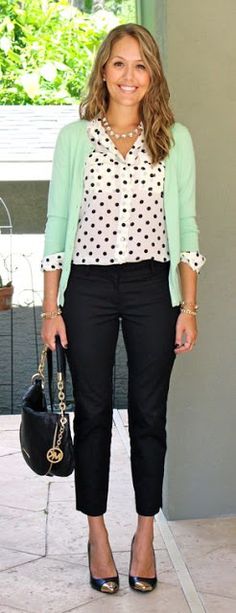 Counseling Connections: Back to School Fashion Black Cropped Trousers, Spring Work Outfits, Ray Ban Wayfarer, Cute Spring Outfits, Professional Attire, Polka Dot Blouse, 가을 패션