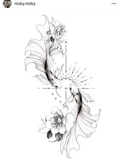 an image of two fish with flowers on their back and one in the air, as well