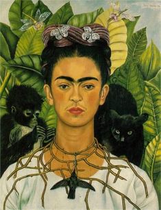 a painting of a woman with birds on her head and two cats in front of her