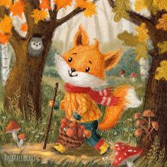 a painting of a fox in the woods with an owl sitting on it's back