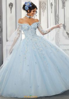 Vizcaya Dress 60143 | PeachesBoutique.com Dresses Cinderella, Cinderella Blue, Off Shoulder Ball Gown, Quinceanera Dresses Blue, Wedding Dresses Cinderella, Quince Dress, Cinderella Wedding, Trumpet Dress, Angel Sleeves