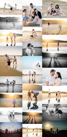 multiple pictures of people on the beach with one woman holding her child and another man kissing