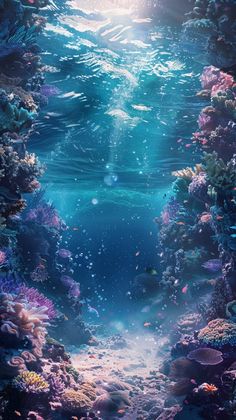 an underwater scene with the sun shining through the water and colorful corals in the foreground