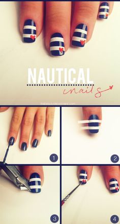 Nautical Nails Cute idea for a quick design Do It Yourself Nails, Nautical Nails, Unghie Nail Art, Nail Art Designs Diy, July Nails, Pet Animals, Diy Nail Art, Cool Nail Designs, Easy Nail Art