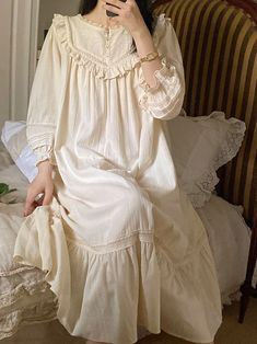 Women Pure Cotton Vintage Nightgowns Robe Ruffles Nightie Long Night Dress Victorian Romantic Feminine Long Sleeve Sleep Dress, Long Sleeve Bedtime Dress For Spring, Long Sleeve Ruffled Nightgown, Cottagecore Sleep Dress For Spring, Cottagecore Spring Sleep Dress, Vintage Beige Sleep Dress, Long Sleeve Loungewear Dress With Ruffles, French Nightgown, Vintage Nightgown Victorian