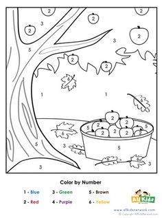 the color by number worksheet for children with an image of a basket full of apples