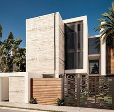 an architectural rendering of a modern house in palm trees on the side of a street