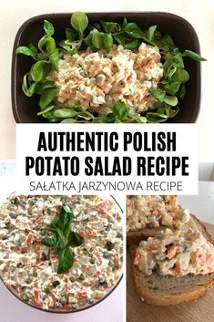 authentic polish potato salad recipe with savory toppings and spinach leaves on top