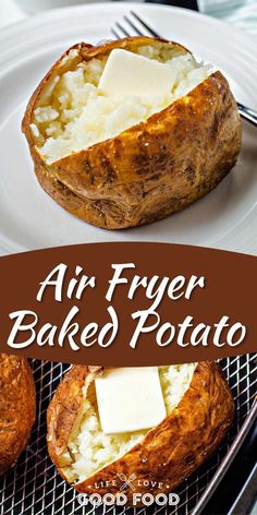 an air fryer baked potato with cheese on top and the words air fryer baked potato