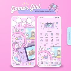 the game girl theme is displayed on two iphones, one pink and one blue