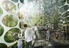 an artist's rendering of people walking through a forest with trees and plants on the walls