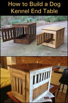 two wooden crates with the words how to build a dog kennel end table