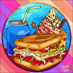 a painting of a sandwich with a drink on the side and an ice cream sundae