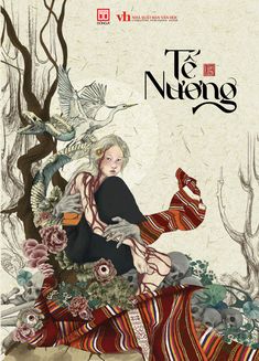 a woman sitting on top of a tree surrounded by birds and flowers with the words te niong written above her