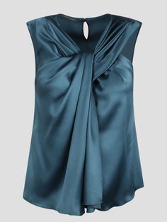 Alberta Ferretti satin top with twisted detail on the front. - FW24 - Regular fit - Neckline with twisted detail - Sleeveless - Keyhole closure on the back - Made in Italy - 64% Acetate, 36% Silk Embellished Gown, Designer Drapes, Pleats Please Issey Miyake, Satin Top, Satin Blouse, Alberta Ferretti, Blue Silk, The List, Evening Wear