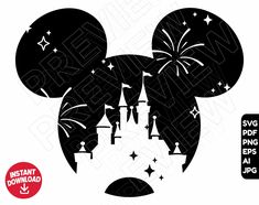 mickey mouse head with fireworks in the sky and stars on it's ears, cut out