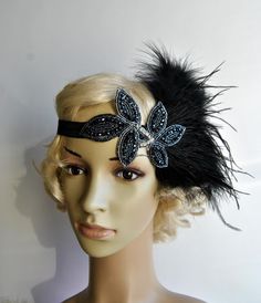 Ready to ship Beautiful Vintage Style, Great Gatsby inspiration designs flapper headband. Made of - glamorous beads and rhinestones vintage applique - mix of light black turkey and ostrich feathers - black elastic Perfect for a vintage inspired bride, or a 1920's wedding or Great Gatsby party Simply adorable! Old Hollywood glam. Can be worn with feathers on the right or left side of head. Can be put down on the forehead or up on head. Vintage inspired - stylish with modern look ! For any questio Vintage Adjustable Headband For Parties, Adjustable Gatsby Style Costume Hats For Evening, Adjustable Gatsby Evening Headpiece, Adjustable Gatsby Style Evening Costume Hat, Black Flapper Headpieces For Party, Flapper Evening Headpiece With Feathers, Fitted Flapper Headband Headpiece, Gatsby Style Headband For Evening, Vintage Adjustable Fascinator Headband