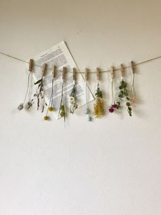 several dried flowers hang from clothes pins on a line with an open book in the background