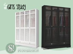 a white and black bookcase next to a green background with the words girls study on it