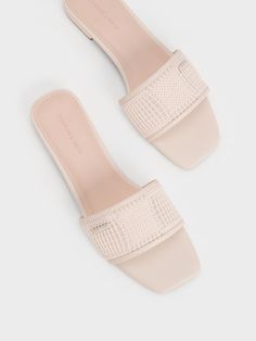 Cream Mesh Knitted Slide Sandals - CHARLES & KEITH US Square Toe Beige Sandals For Summer, Beige Square Toe Sandals For Summer, Beige Square Toe Mules For Summer, Square Toe Mules For Beach And Summer, Casual Synthetic Square Toe Sandals, Casual Synthetic Sandals With Square Toe, Summer Beach Mules With Square Toe, Summer Vacation Mules With Square Toe, Casual Square Toe Synthetic Sandals