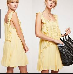 Free People Yellow Priscilla Mini Dress Crochet Embroidery Size L Pit To Pit 20in Length From Shoulder Down 33in Spring Bohemian Dress With Cutwork Hem, Beach Dress With Lace And Cutwork Hem, Bohemian A-line Dress With Lace Trim, White Flowy Dress, Floral Cotton Dress, Cherry Dress, Crochet Embroidery, Free People Tunic, Floral Bodycon