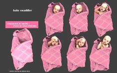 baby swaddled in pink blanket with six images of the same child's head