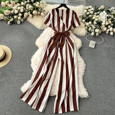 Womens Striped Wide-Leg Jumpsuit with Belt Summer Bodysuit, Jumpsuits Summer, Bodysuit Style, Wide Leg Jumpsuits, Summer Bodysuits, Jumpsuit Fitted, Long Jumpsuit, Ruffle Fabric, Jumpsuit Summer