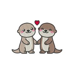 two otters holding hands with a heart in the background